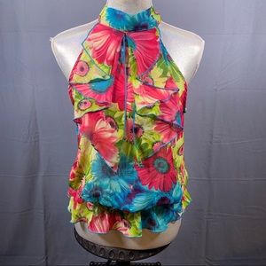 Famosa Bright Floral Mock Neck Sleeveless Top (M)
